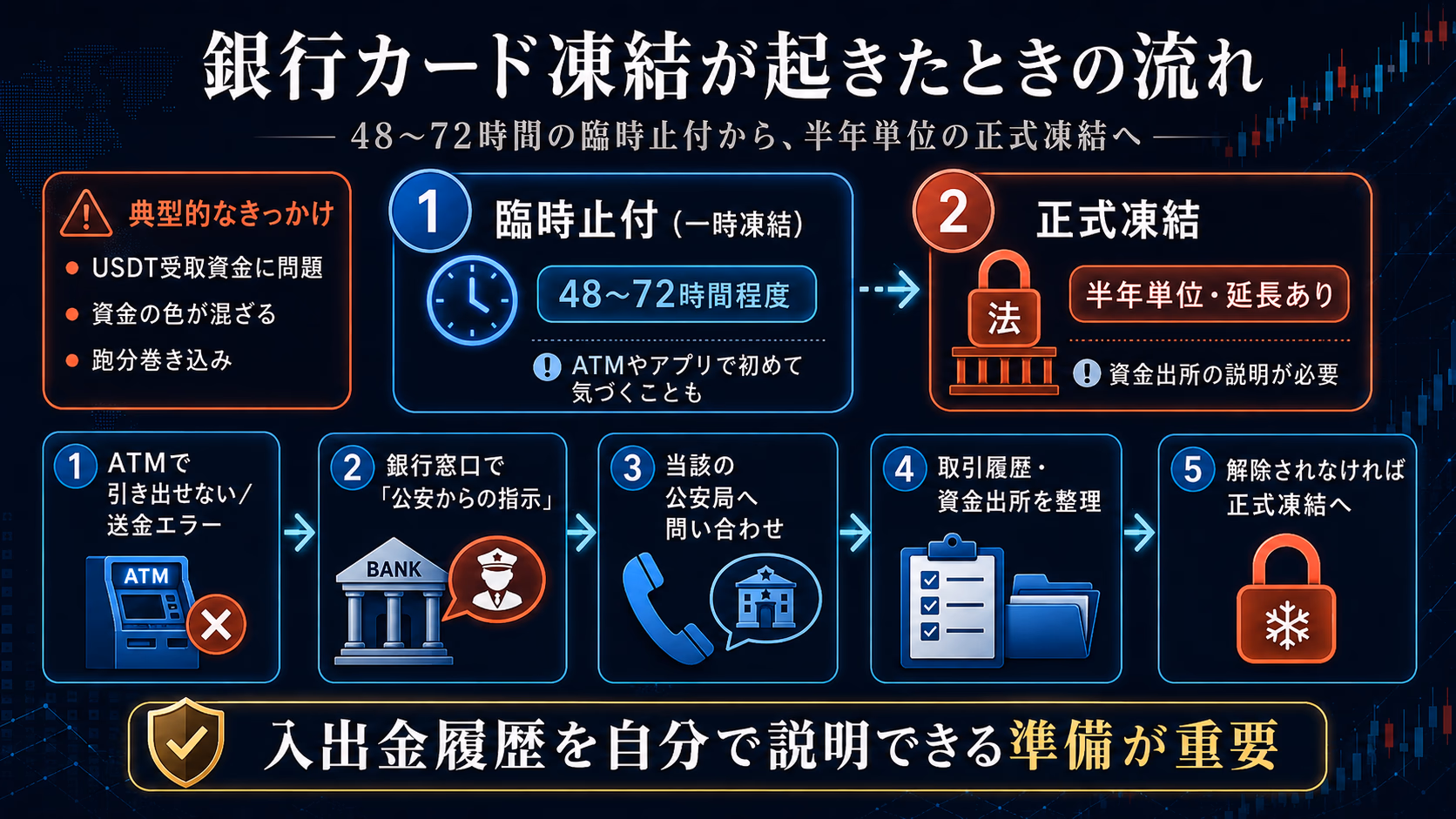 銀行カード凍結が起きたときの流れ。臨時止付48〜72時間から半年単位の正式凍結へ進む段階構造と、ATMで引き出せない・銀行窓口で公安指示・公安局問い合わせ・取引履歴と資金出所を整理・解除されなければ正式凍結への5ステップを示し、入出金履歴を自分で説明できる準備が重要なことを図解