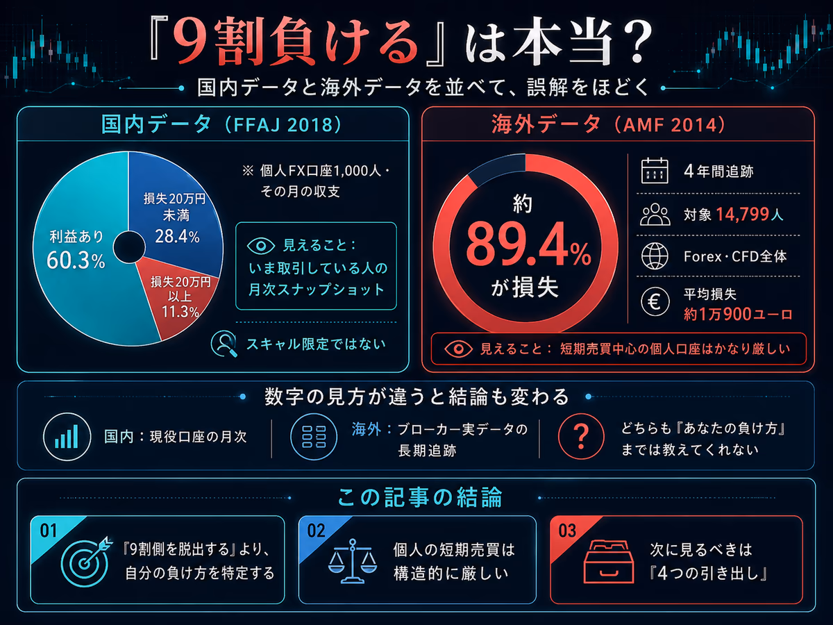 個人FXトレーダーの収支を国内外データで並べた図解。FFAJ 2018年調査で月次の利益あり60.3%・損失20万円未満28.4%・損失20万円以上11.3%という国内のスナップショットと、AMF 2014年調査でForex・CFD口座14,799人を4年追跡したら約89.4%が損失・平均約1万900ユーロの損という海外の長期データを対比し、『9割側を脱出する』ではなく『自分の負け方を特定する』という結論を添えたインフォグラフィック