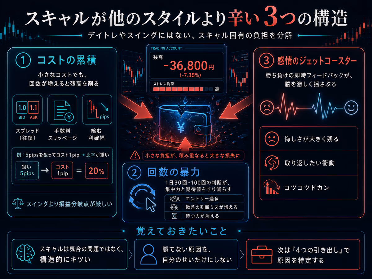 スキャルが他のスタイルより辛い3つの構造を示した図解。①コストの累積（スプレッド・手数料・スリッページが狙う値幅を圧迫し、5pips狙いでコスト1pipsなら比率20%）、②回数の暴力（1日30〜100回の判断で集中力と期待値がすり減る）、③感情のジェットコースター（勝ち負けの即時フィードバックで悔しさ・取り返したい衝動・コツコツドカンを誘発）の3つを、口座残高−36,800円・−7.35%という具体例とともに並べたインフォグラフィック