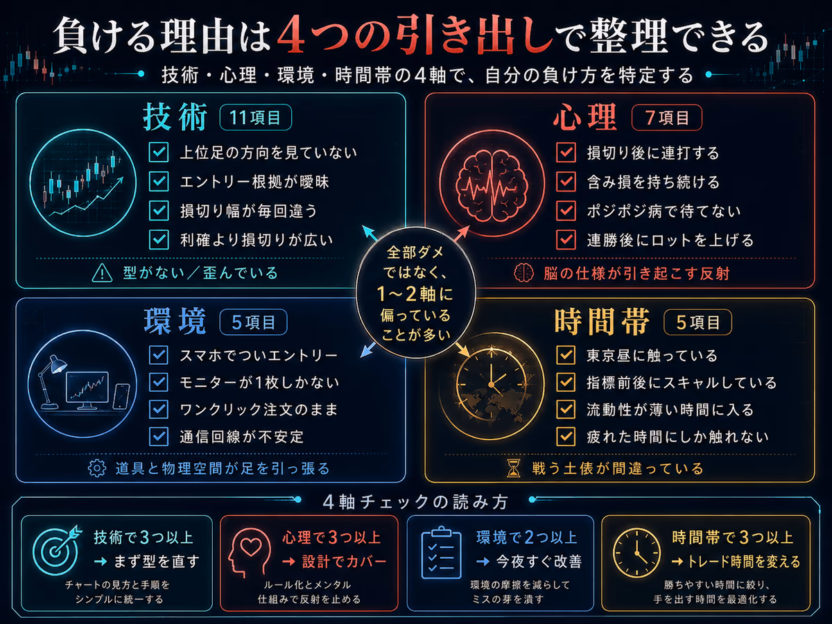 FXスキャルピングで負ける理由を4つの引き出しに整理した図解。技術11項目（上位足を見ていない・エントリー根拠が曖昧・損切り幅が毎回違う・利確より損切りが広いなど＝型がない／歪んでいる）、心理7項目（損切り後の連打・含み損を持ち続ける・ポジポジ病・連勝後にロット増＝脳の仕様が引き起こす反射）、環境5項目（スマホでつい・モニター1枚・ワンクリック注文・通信不安定＝道具と物理空間の問題）、時間帯5項目（東京昼・指標前後・流動性薄・疲れた時間＝戦う土俵の問題）の4軸と、『技術3つ以上→まず型を直す／心理3つ以上→設計でカバー／環境2つ以上→今夜改善／時間帯3つ以上→トレード時間を絞る』という4軸チェックの読み方を一覧化したインフォグラフィック