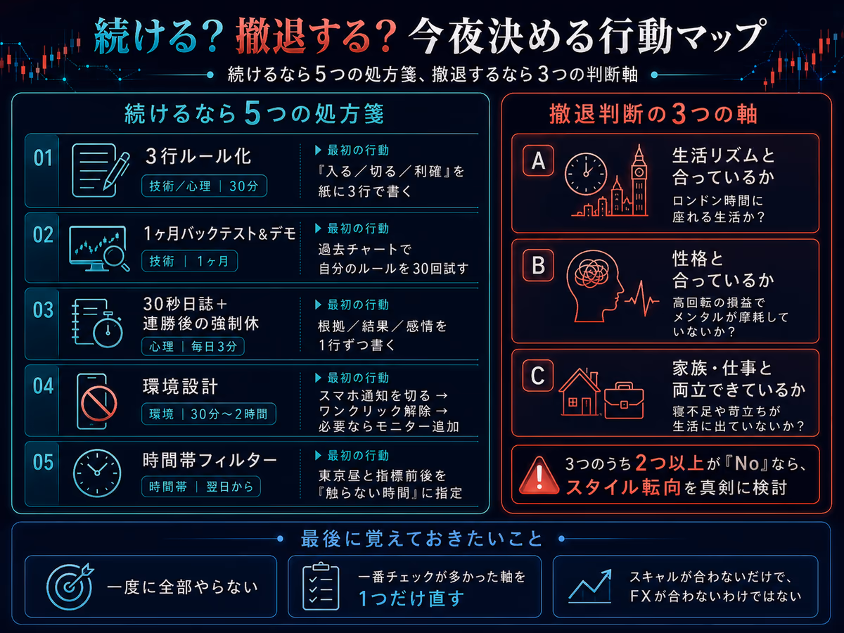 今夜決める行動マップ。続けるなら5つの処方箋（①3行ルール化＝技術・心理／30分／『入る・切る・利確』を紙に3行で書く、②1ヶ月バックテスト＆デモ＝技術／1ヶ月／過去チャートで自分のルールを30回試す、③30秒日誌＋連勝後の強制休＝心理／毎日3分／根拠・結果・感情を1行ずつ、④環境設計＝環境／30分〜2時間／通知オフとワンクリック解除、⑤時間帯フィルター＝時間帯／翌日から／東京昼と指標前後は触らない）と、撤退判断の3つの軸（A生活リズム・B性格・C家族と仕事の両立で2つ以上Noならスタイル転向を検討）を一覧化し、『一度に全部やらない／一番チェックが多かった軸を1つだけ直す／スキャルが合わないだけでFXが合わないわけではない』という締めを添えたインフォグラフィック