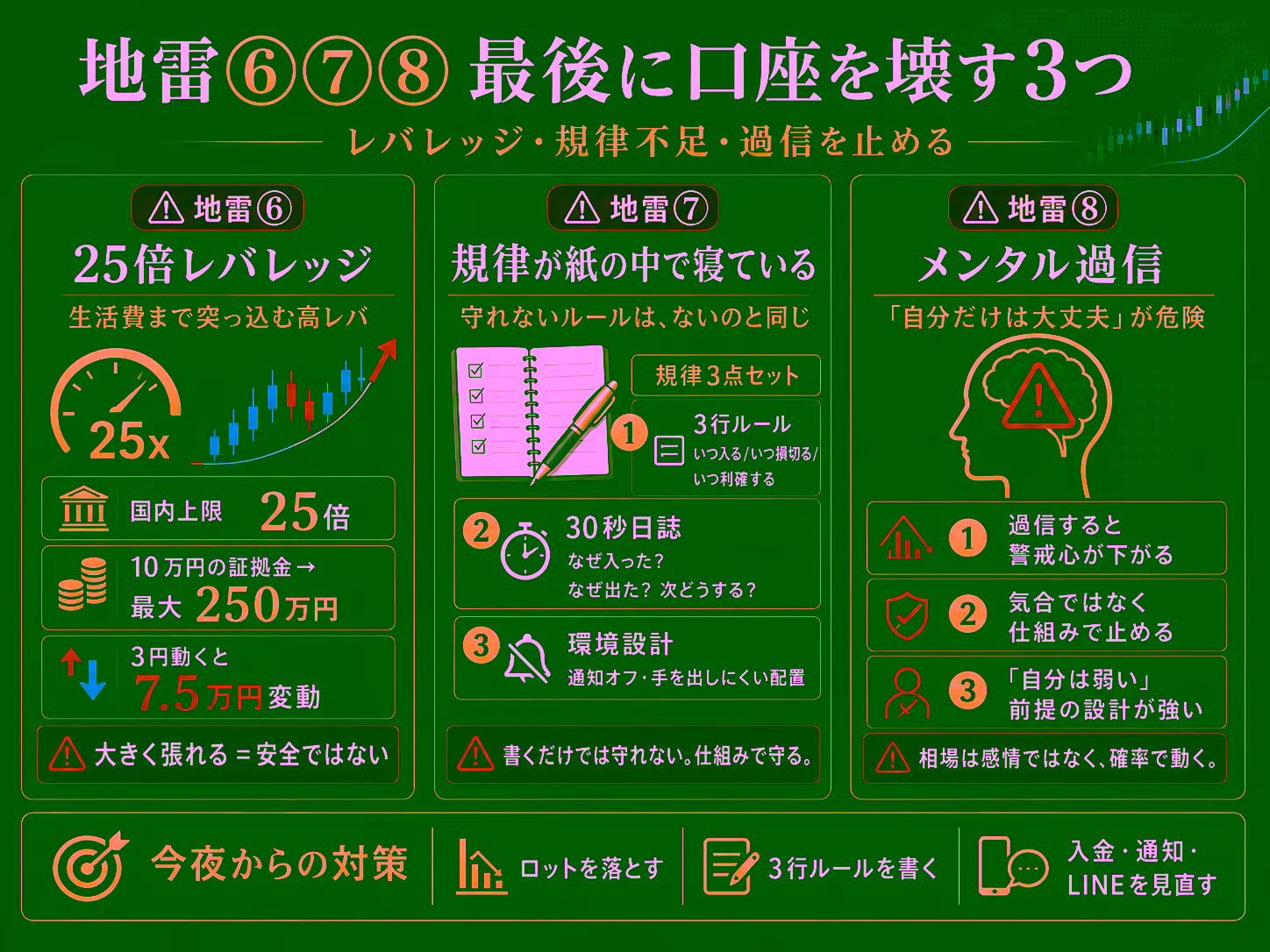 地雷⑥25倍レバレッジ・地雷⑦規律が紙の中で寝ている・地雷⑧メンタル過信の3つを口座を壊す要因としてまとめた図。国内上限25倍、10万円の証拠金で最大250万円、3円動くと7.5万円変動。規律3点セット（3行ルール・30秒日誌・環境設計）。過信は警戒心が下がる原因。今夜からの対策はロットを落とす・3行ルールを書く・入金通知LINEを見直す