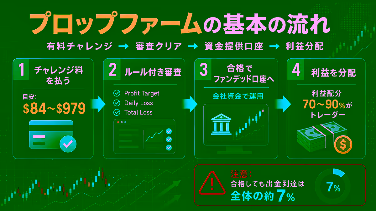 プロップファームの基本の流れを4ステップで示した全体図。①チャレンジ料を払う（目安$84〜$979）、②ルール付き審査（Profit Target／Daily Loss／Total Lossを守る）、③合格してファンデッド口座へ（会社資金で運用）、④利益を分配（70〜90%がトレーダー）の順に矢印で繋ぎ、右下に『合格しても出金到達は全体の約7%』の注意書きを配したエディトリアル図解