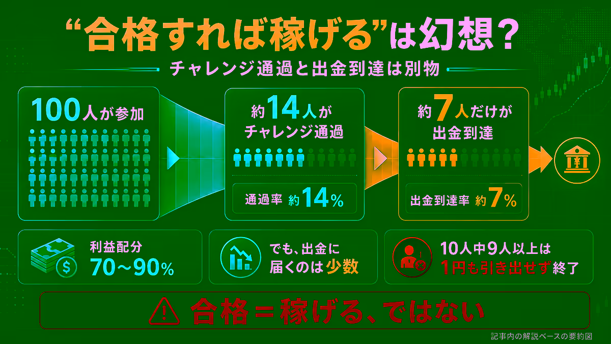 『合格すれば稼げる』が幻想であることを示す、入場100人から出金到達7人までの段階的な脱落を示した漏斗図解。①100人がチャレンジ料を払って参加、②約14人がチャレンジ通過（通過率約14%）、③出金まで届くのは約7人だけ（出金到達率約7%）、を矢印で繋いだ3段構成。下部に『利益配分70〜90%でも、出金に届くのは少数』『10人中9人以上は1円も引き出せず終了』のメッセージと、『合格＝稼げる、ではない』の注意書きを配したエディトリアル図解（FPFX Tech CEOの発言ベース）