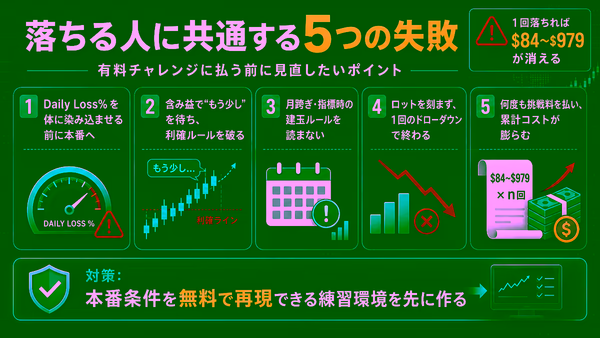 プロップチャレンジで落ちる人に共通する5つの失敗パターンを並べた図解。①Daily Loss%を体に染み込ませる前に本番に行く、②含み益で『もう少し』を待ち利確ルールを破る、③月跨ぎ・指標時の建玉ルールを読まずに参加、④ロットを刻まず1回のドローダウンで終わる、⑤何度も挑戦料を払い累計コストが膨らむ、を横並びで配置。右上に『1回落ちれば$84〜$979が消える』の警告、下部に『対策：本番条件を無料で再現できる練習環境を先に作る』のメッセージを配したエディトリアル図解